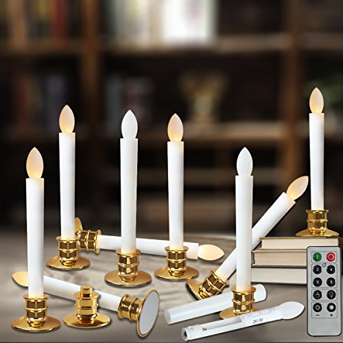 Flameless Taper Candles Led  Christmas Timer Candles Flickering AAA Battery Operated Remote  Electric Window White Candles with Removable Holders Gift Party Wedding Decoration 10pcs Gold Base