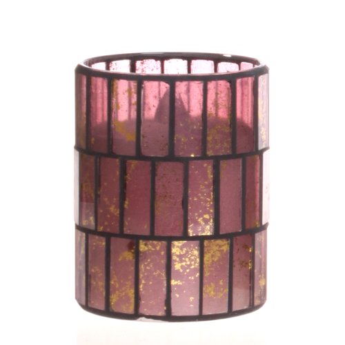 Pink with Gold Tiled Pattern Mosaic Glass with Flameless LED Candle with Timer