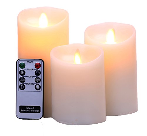 Remote Include Set of 3 Sizes 3Diax4 5 6H Flameless Pillar Candles Real Wax Moving Flame Wick LED Candles with Timer Battery Operated Ivory