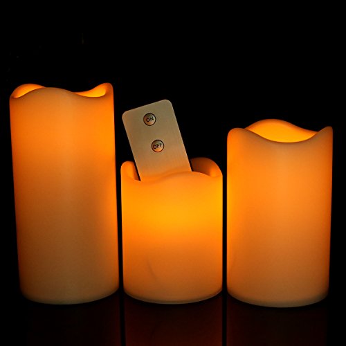Youngerbaby Set of 3 Yellow Flickering Flameless Plastic Remote Control LED Candles With TimerHeight 3 4 5 - Diameter 3 Batteries Included Pillar Candles For IndoorOutdoor Party Gift