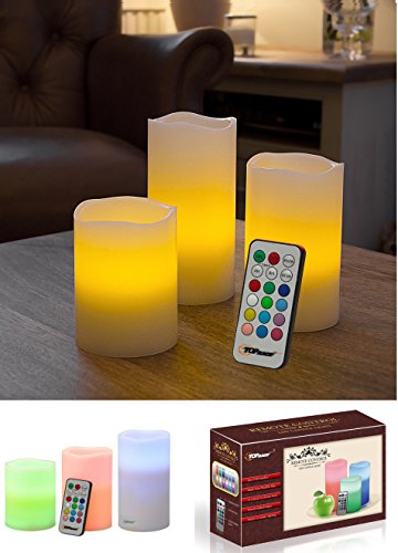 Top RaceÂ LED White Flameless Candles Weatherproof Real Wax Candle Color Changing Lights with Remote Timer - 3 Piece Set