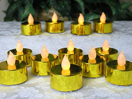 Gold Candles - Set of 24 - Realistic Flickering Flame - Battery Operated - Tealights for 50th Wedding Anniversary Decorations Parties Home Decor Centerpieces Safe Worry Free