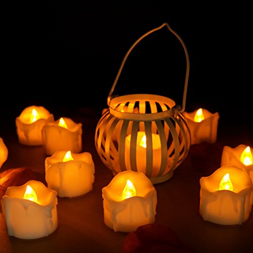 Youngerbaby 24pcs Amber Flicker Led Tea Lights Wax Dripped Battery Operated Candle Unscented Small Led Flameless