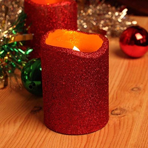 Dfl 3x4 Inch Flameless Real Wax Led Pillar Candle With Timer With Red Color Glitter Powder
