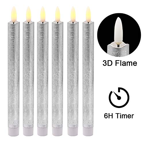 Eldnacele 3D Wick Taper Candles Flameless Battery Operated Window Candles with Timer Set of 6 Silver