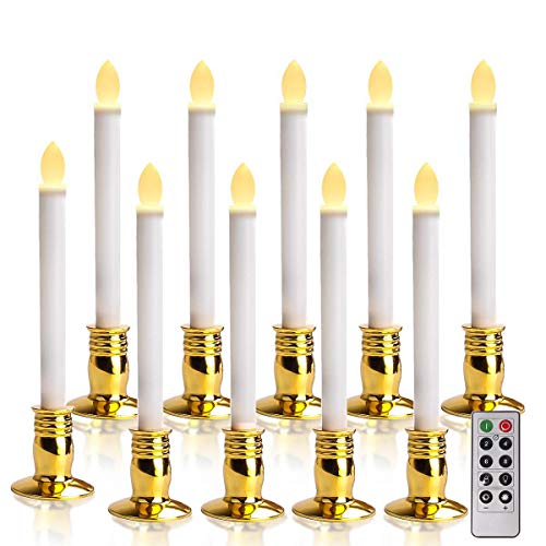 MAXEDOD 10 PCS Led Window Candles with Remote Timer Battery Operated Taper Candles Flameless Flickering Gold Candle Holders for Christmas Wedding Party Decorations