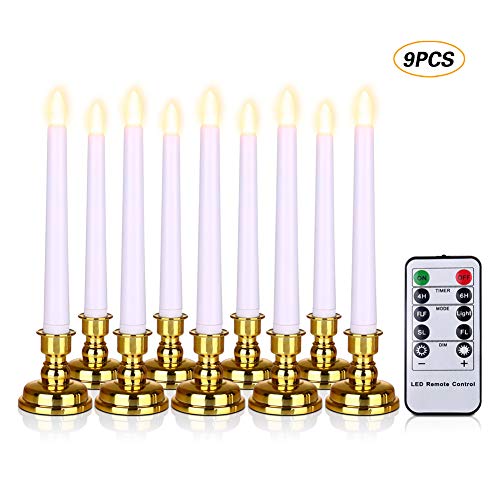 SoulBay 9 PCS Battery Operated Window Candles with Timer Remote and Gold Removable Candlesticks Flameless Flickering LED Tapered Candle Lights for Christmas Table Indoor Holiday Decorations