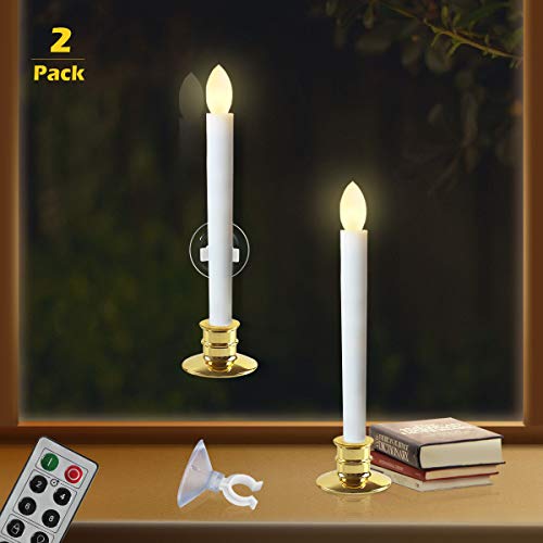 Window Candles with Remote Timers Battery Operated Flickering Flameless Led Electric Candle Lights with 2pcs Gold Base and 2pcs Suction Cups Taper Candle Holder for Christmas Decorations