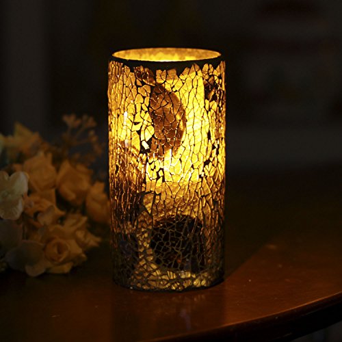 Home Impressions Cracked Mosaic Glass Flameless Pillar Led Wax Candle Light With Timer Multi Brown 3 X 6&quot