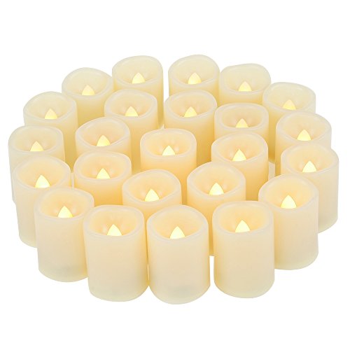 24 PCS Small Round Cream White Flameless Votive Candles Fake Unscented Flickering Battery Operated Electric Tea Lights Bulk Set Baptism Party Wedding Decorations Home Decor Centerpieces Batteries Incl