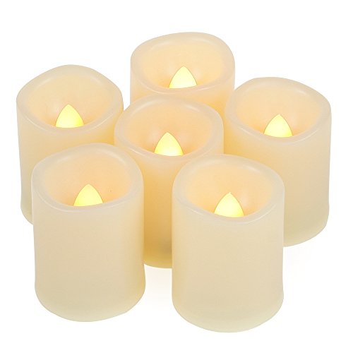 6 400-hr Long Lasting Battery Operated Flameless LED Votive Candles with Timer Realistic Flickering Electric Tea Lights Baptism Wedding Party Decorations Kitchen Home Decor Centerpieces Batteries Incl