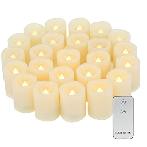 Flameless LED Votive Tealight Candles with Remote - 24 Bulk Value Pack Bright Flickering Battery Operated Electric Tea Lights for Christmas Wedding Party Decorations Table Centerpieces Batteries Incl