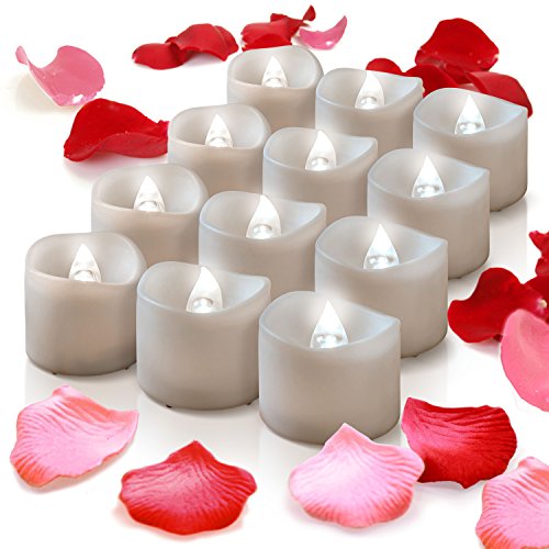 Timer Flameless Candles - Pink Red Fake Rose Petals Bulk - 12 White Bright Battery Operated Tea Lights - Flickering LED Tealights For Votives Valentines Day Halloween Christmas Seasonal Décor