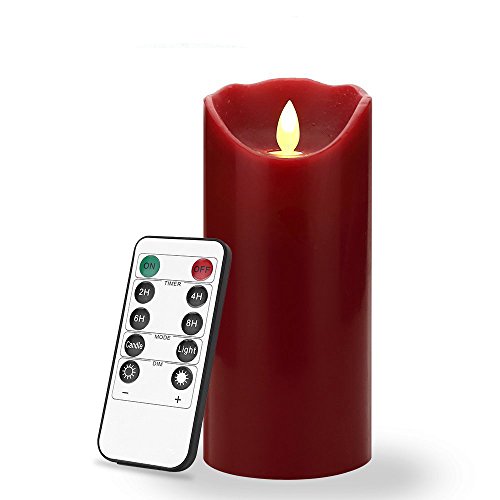7 inch Flameless LED Candle - Real Wax Real Flickering Candle Motion - with Remote 24-Hour Timer Function by 2 AA BatteriesBurgundy Color