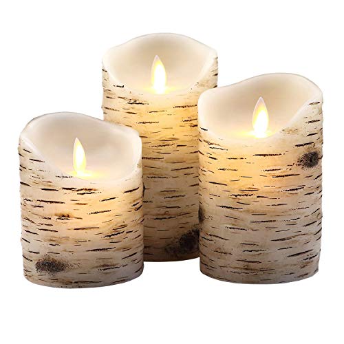 Aku Tonpa Birch Bark Effect Flameless Candles Battery Operated Pillar Real Wax Flickering Moving Wick Electric LED Candle Sets with Remote Control Cycling 24 Hours Timer 4 5 6 Pack of 3