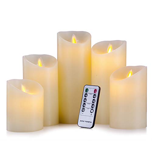Aku Tonpa Flameless Candles Battery Operated Pillar Real Wax Flickering Moving Wick Electric LED Candle Gift Set with Remote Control Cycling 24 Hours Timer Pack of 5 H4 5 6 7 8