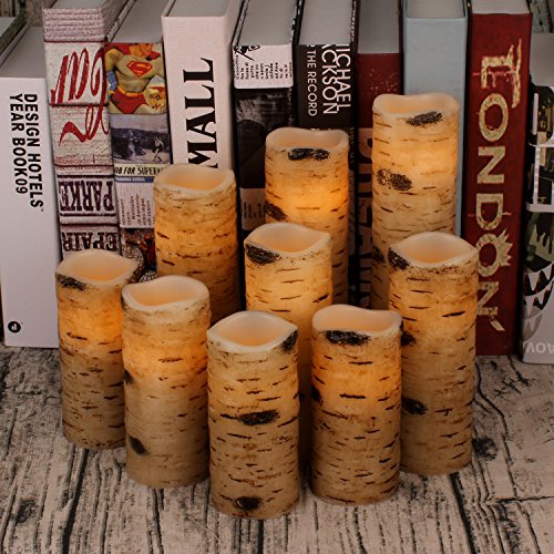 Antizer Flameless Candles Battery Operated Candles Birch Bark Effect 4 5 6 7 8 9 Set of 9 Ivory Real Wax Pillar LED Candles with Real Wax Pillar with 10-Key Remote Control 2468 Hours Timer