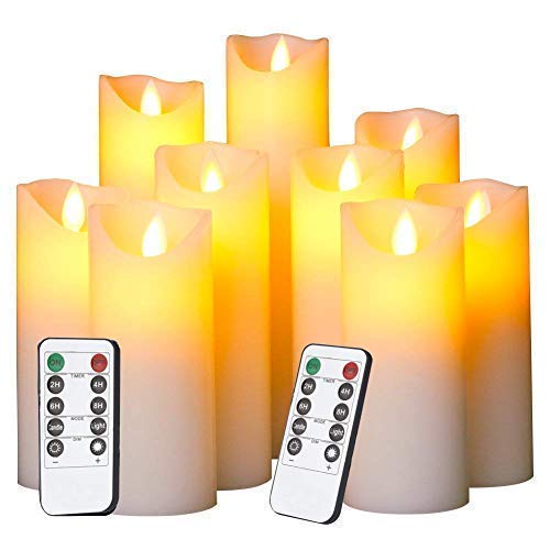 Evenice Flameless Candles LED Candles Flickering Battery Operated Flickering Light Pillar Real Smooth Wax with Timer and 10-Key Remote for WeddingSet of 9