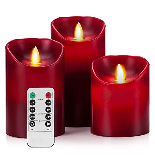 Flameless LED 456-Inch Drip-less Wax Pillar Candles - Real Wax Real Flickering Candle Motion - with Remote 24-hour Timer Function Burgundy colorset of 3