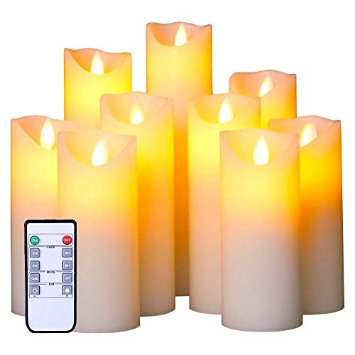 Flameless LED Candles Set of 9 Real Wax Candles 10-Key Remote Control with Timer Function 300 Hours by 2 AA Batteries Waterproof Outdoor Indoor Candles for Gift Wedding Votive Yoga and Deco