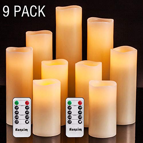 HANZIM Flameless Candles Battery Operated Candles 4 5 6 7 8 9 Set of 9 Ivory Real Wax Pillar LED Candles with 10-Key Remote and Cycling 24 Hours Timer Ivory 9 Pack