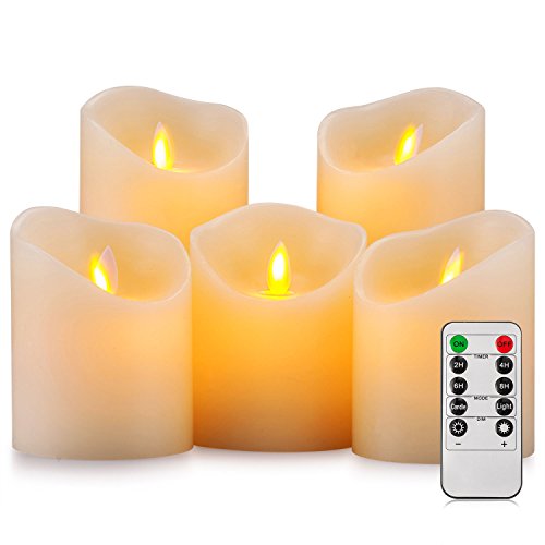 Pandaing Battery Operated Candles Set of 5 Pillar Realistic Moving Flame Real Wax Flameless Flickering LED Candles with Remote Control 2 4 6 8 Hours Timer