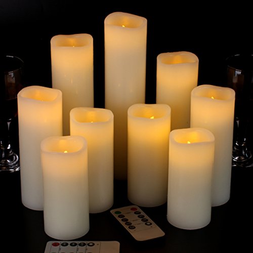 Vinkor Flameless Candles Battery Operated Candles 4 5 6 7 8 9 Set of 9 Ivory Real Wax Pillar LED Candles with 10-Key Remote and Cycling 24 Hours Timer