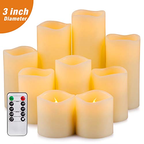 Yutime Flameless Candle Set of 9 D 3 x H 3 4 5 6 7 8 Battery Operated LED Pillar Real Wax Flickering Candles with Remote Control Timer