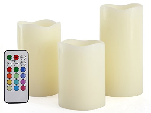 Set of 3 Color Changing Indoor LED Flameless Candle Lights Ivory White- Real Wax Battery Operated Candles with Remote Control Timer Faux Pillar Candles Electric Candles By JIAJIA Spring