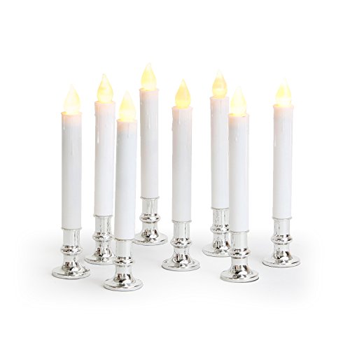 Set Of 8 Flameless Plastic White Taper Candles With Removable Silver Candleholders And Remote, Batteries Included