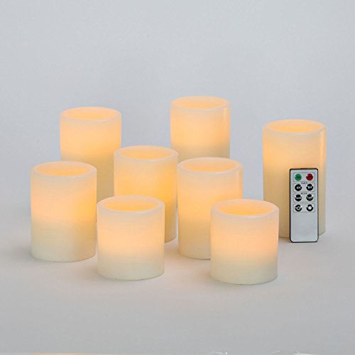 Variety Set Of 8 Flat Top Flameless Cream Wax Pillar Candles With Warm White Leds, 8 Function Remote And Batteries