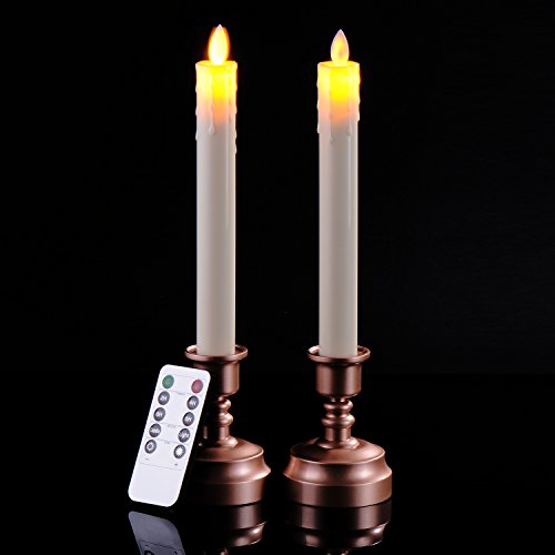 Set Of 2 12 Flameless Taper LED Candles With 10-key Remote Control 24-hour Timer Function And Antique Bronze Candlestick Base
