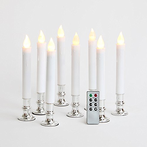 Set of 8 Flameless Plastic White Taper Candles with Removable Silver Candleholders and Remote Batteries Included