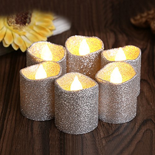 Loguide 12pcs Led Tealights Flickering Silver Candles Realistic Flameless Glitter Unscented With Power Decorations