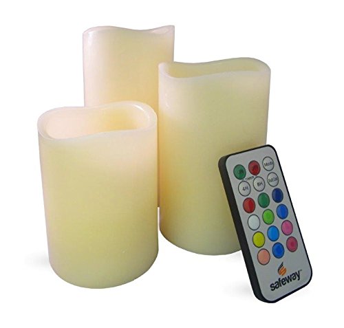Safeway Candlelites - Set of 3 Smooth Round LED Candle Lights Vanilla Scented Flameless Color Changing with Flickering Flame Smooth Real Wax With Remote Control Timer 4 5 6 inch candles