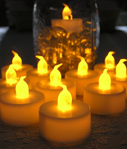 Flameless Candle Tea Lights 12 Pack- Realistic Flickering Yellow Amber Flame Tealight - Battery Operated Wedding Centerpiece Decorations Party Favors Gifts - White Plastic
