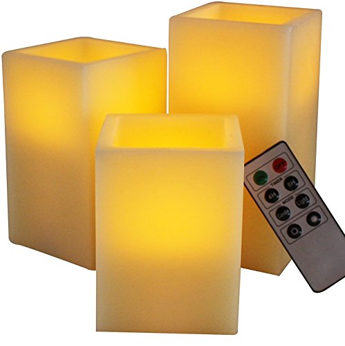 LED Lytes Flameless Candles Battery Operated Set of 3 SQUARE Unscented Ivory Wax with Amber Yellow Flame and Remote