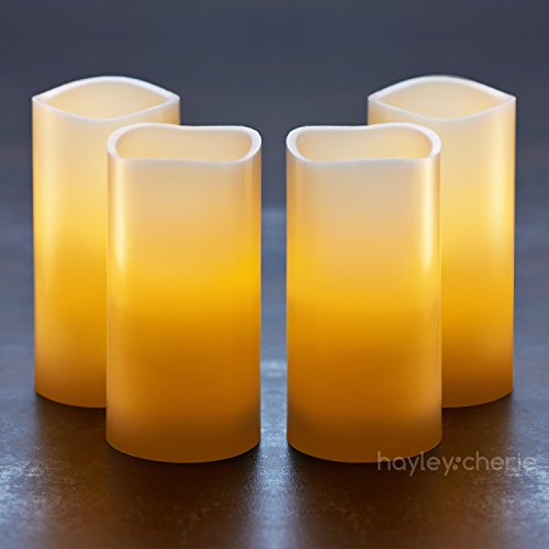 LAUNCH SALE Hayley Cherie - Real Wax Flameless Candles with Timer Set of 4 - Ivory LED Candles 3 wide x 6 tall - Flickering Amber Flame - Battery Operated Pillar Candles - Unscented