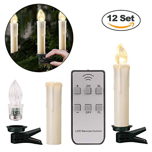 German 12pcs Battery Operated Taper LED Candle Lights Christmas Hanukkah Holiday Candles Set  Wireless with Remote Candles  Christmas Party Wedding Birthday Hanukkah  NoSlowFast Flickering