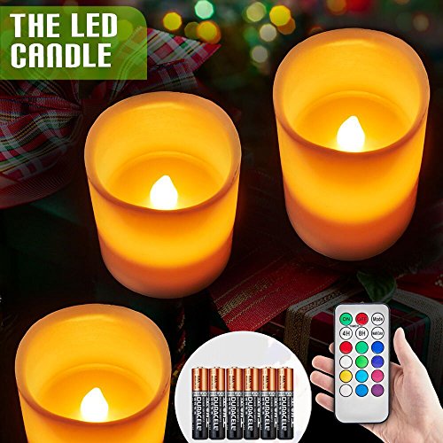 Vongem Flameless Real Wax Candles Multi Color Option Battery Operated Set Of 3 Ivory Wax 4 5 6 Candles Timer