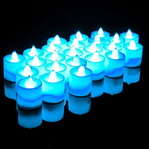 FUJINET 24 Pack Flameless LED Realistic Candles Night Lights Battery Powered Unscented Lightings for Wedding Decorations Blue Light