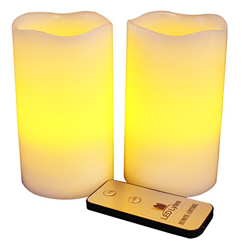 Led Lytes Flameless Candles, Battery Operated Pillar W/remote Set Of 2 Ivory Wax And Amber Yellow Flame