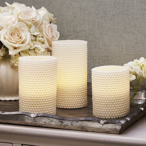 Set Of 3 Warm White Led Textured Wax Pearl Flameless Pillar Candles With 8 Function Remote, Batteries Included