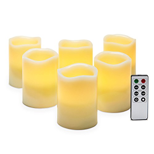 Set Of 6 Ivory Melted Edge 4" Flameless Wax Pillar Candles With Remote