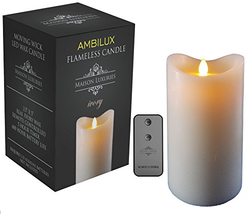 Ambilux by Maison Luxuries - Moving Wick Unscented Flickering Battery Operated Electric LED Flameless Candle with Timer and Remote Control - 100 35 x 5