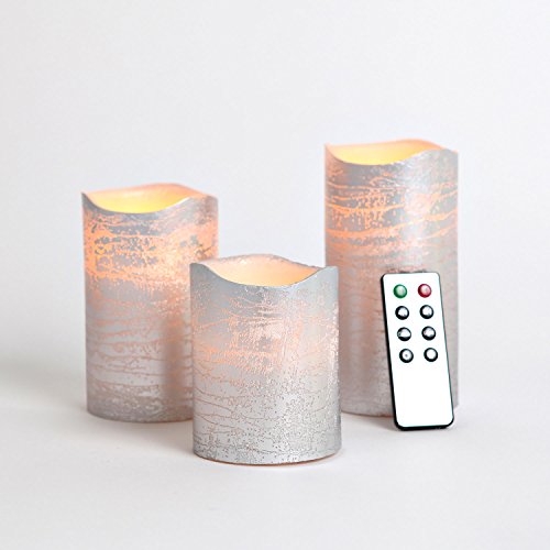 Set Of 3 Silver Wax Flameless Led Battery Candles With Timer And Remote
