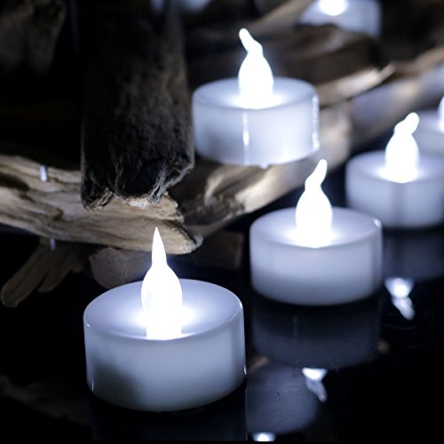 Youngerbaby 24pcs Cool White Flickering Timing Tea Lights Battery Operated LED Candles with timer Unscent Flameless Tealights 6 Hrs on 18 Hrs Off Free Fake Rose Petals For Wedding Party Christmas