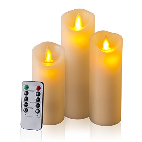 Flameless Candles 5 6 7 Set of 3 Super-long Battery Life Classic Pillar Real Wax 2AA 2 AA Batteries Dancing Flameless LED Candles with 24-hour Timer Function and 10-key Remote Control-Milool