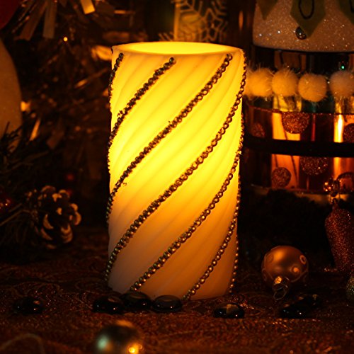 Home Impressions Battery Operated Flameless Real Wax Pillar Led Candle With Timer And Embossed Gold Pearl