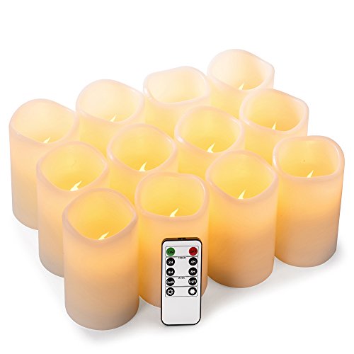 Enpornk Set of 12 D3 x H4 Flameless Candles Battery Operated LED Pillar Real Wax Flickering Electric Candles with Remote Control Cycling 24 Hours Timer